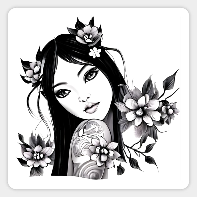 Beautiful Asian Girl Tattoo Art Sticker by animegirlnft
